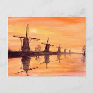 Carte Postale Coucher de soleil des moulins à vent - Peinture aq