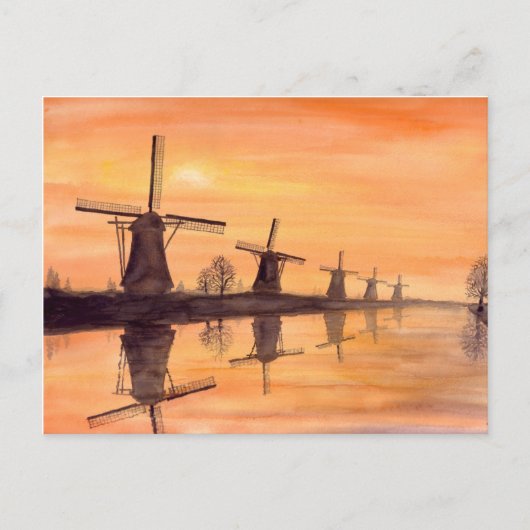 Carte Postale Coucher de soleil des moulins à vent - Peinture aq (Devant)