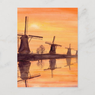 Carte Postale Coucher de soleil des moulins à vent - Peinture aq