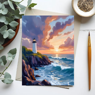 Carte Postale Coucher de soleil du phare côtier   Plage Peinture