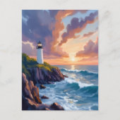 Carte Postale Coucher de soleil du phare côtier | Plage Peinture (Devant)