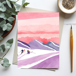 Carte Postale Coucher de soleil pastel aquarelle montagne de ski