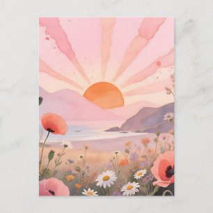 Carte Postale Coucher de soleil pastel dans une prairie de fleur