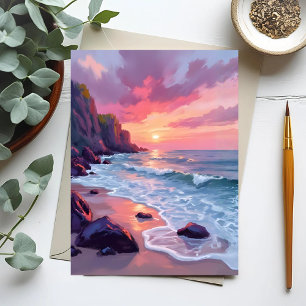 Carte Postale Coucher de soleil pastel rose sur la plage vagues 