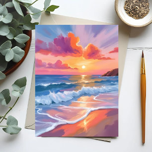 Carte Postale Coucher de soleil pastel sur l'océan   Peinture co