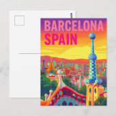 Carte Postale Coucher de soleil rétro Barcelone Gaudi (Devant / Derrière)