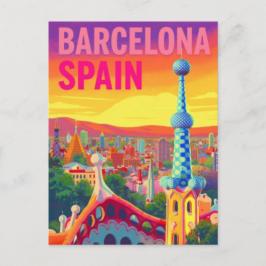 Carte Postale Coucher de soleil rétro Barcelone Gaudi (Devant)