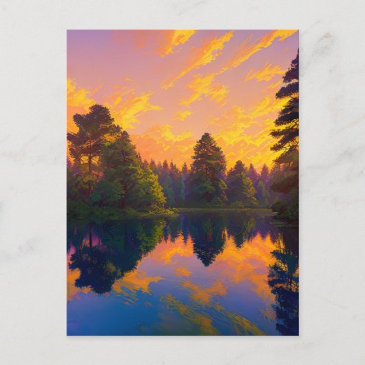 Carte Postale Coucher de soleil submergeant dans la forêt de pin (Devant)