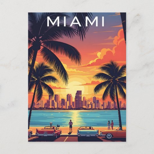 Carte Postale Coucher de soleil sur la ligne d'horizon de Miami (Devant)