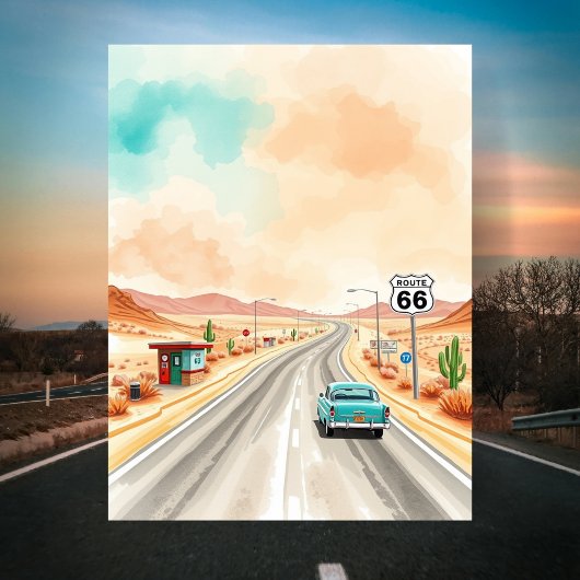 Carte Postale Coucher de soleil sur la route 66 aquarelle