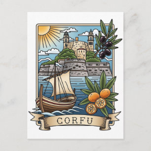 Carte Postale Coucher de soleil vintage Corfou Grèce Voyage