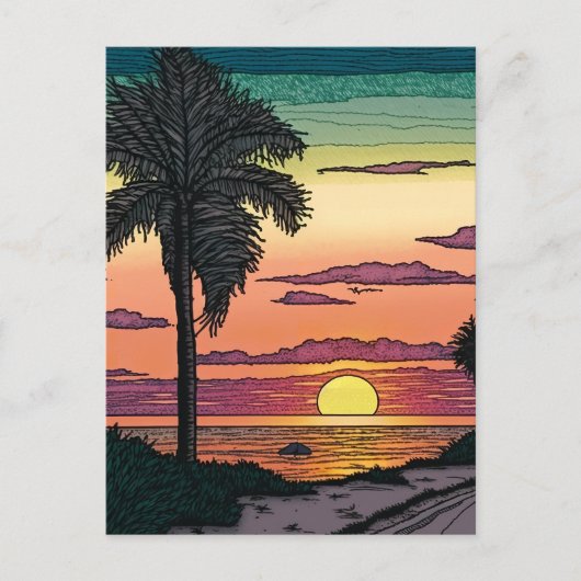 Carte Postale Couleur de crayon d'un coucher de soleil de plage (Devant)