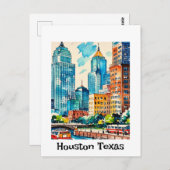 Carte Postale Couleur d'eau de Houston Skyline (Devant / Derrière)