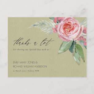 CARTE POSTALE COULEUR D'EAU FLEURS ROSES MERCI FOLIAGE VERT