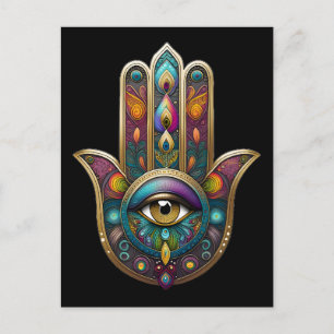 Carte Postale Couleurs de paon Hamsa avec Troisième Œil en or