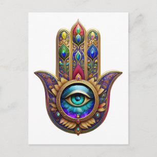 Carte Postale Couleurs Paon Or Hamsa Saphir Vert Troisième Œil