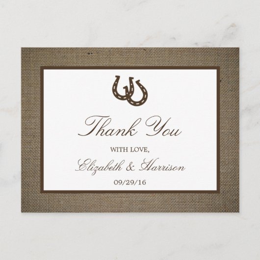 Carte Postale Country Rustic Horseshoe Sur Burlap Mariage (Devant)