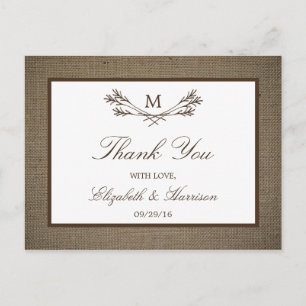 Carte Postale Country Rustic Monogramme Branche & Mariage Burlap