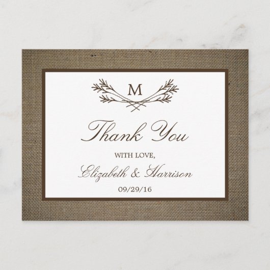 Carte Postale Country Rustic Monogramme Branche & Mariage Burlap (Devant)
