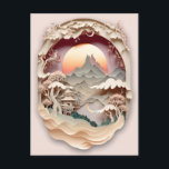 Carte postale Coupe papier Imaginaire paysage<br><div class="desc">Une belle carte postale avec une scène découpée en papier encadrée représentant un coucher de soleil,  des montagnes,  des arbres,  architecture ancienne.</div>