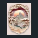 Carte postale Coupe papier Imaginaire paysage<br><div class="desc">Une belle carte postale avec une scène découpée en papier encadrée représentant un coucher de soleil,  des montagnes,  des arbres,  architecture ancienne.</div>