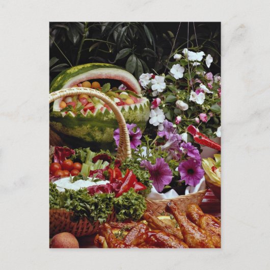 Carte Postale Couper le panier de fruits de pastèque avec fleurs (Devant)