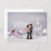Carte Postale Couple à Paris enneigé avec Tour Eiffel (Devant / Derrière)