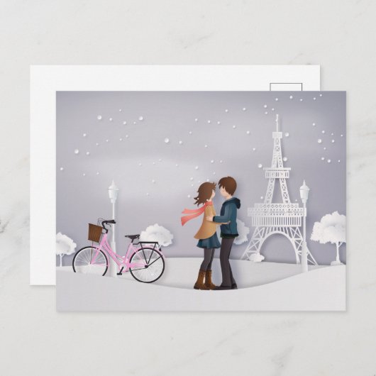 Carte Postale Couple à Paris enneigé avec Tour Eiffel (Devant / Derrière)