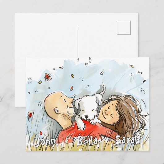 Carte Postale Couple avec Chien blanc (Devant / Derrière)