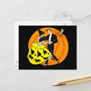 Carte Postale Couple de danseurs Halloween Vintage Citrouille