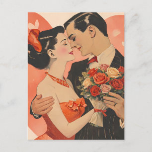 Carte Postale Couple de la Saint-Valentin vintage avec des roses