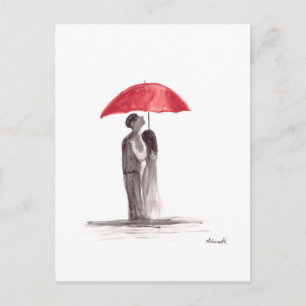 Carte Postale Couple de parapluie rouge