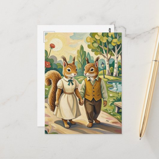 Carte Postale Couple de petits écureuils mignons dans le parc (Devant/Arrière en situation)