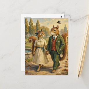 Carte Postale Couple de petits écureuils promenade venteuse dans