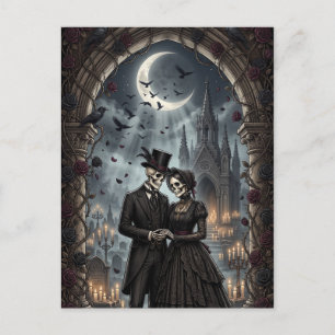 Carte Postale Couple de squelettes gothiques Romance sombre Rose