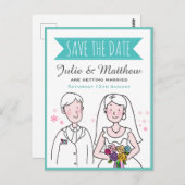 Carte Postale Couple Doodle Mariage mignon Enregistrer la date P (Devant / Derrière)