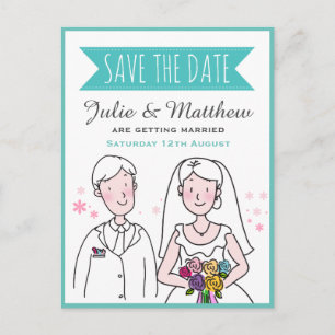 Carte Postale Couple Doodle Mariage mignon Enregistrer la date P