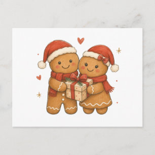 Carte Postale Couple en pain d'épices avec cadeau et chapeaux de