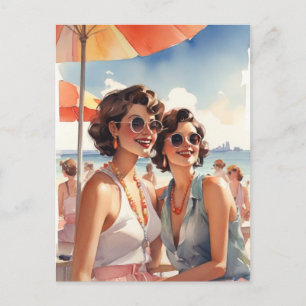 Carte Postale Couple lesbien à une fête de plage rétro sapphique