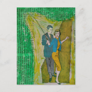 Carte Postale Couple pêchant dans un collage d'époque des années