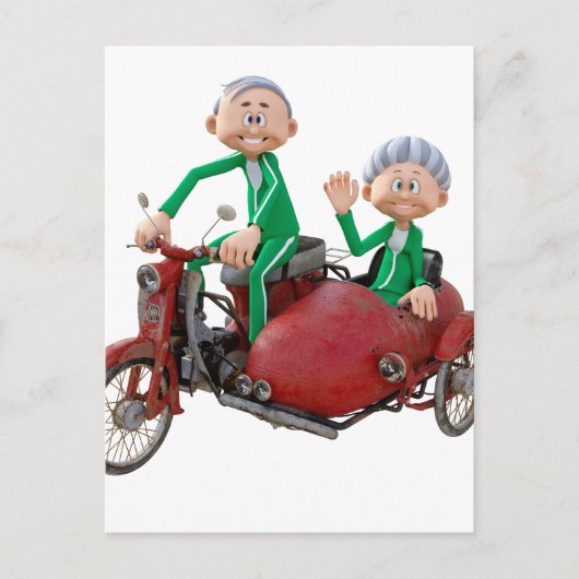 Carte Postale Couple plus âgé sur un cyclomoteur avec Sidecar (Devant)