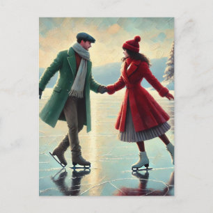 Carte Postale Couple romantique Patinage sur un lac gelé