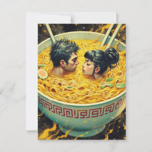Carte Postale Couple surréaliste nage dans un bol de nouilles