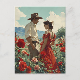 Carte Postale Couple vintage dans un champ de roses