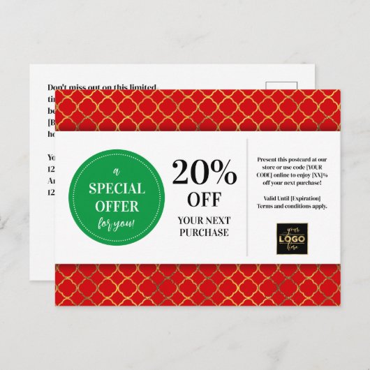 Carte Postale Coupon Rouge Vert Noël Remise (Devant / Derrière)