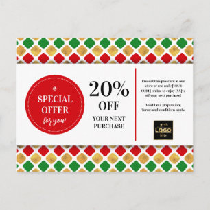 Carte Postale Coupon Rouge Vert Or Noël Remise