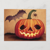 Carte Postale Courge halloween avec chauve-souris et araignée. (Devant)