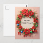 Carte Postale Couronne de fête 🎄✨ Poinsettia Boules Dorées (Devant / Derrière)