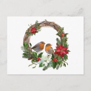 Carte Postale Couronne de fleurs de Noël Poinsettia et oiseaux