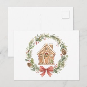 Carte Postale Couronne de maison en pain d'épices avec ruban rou